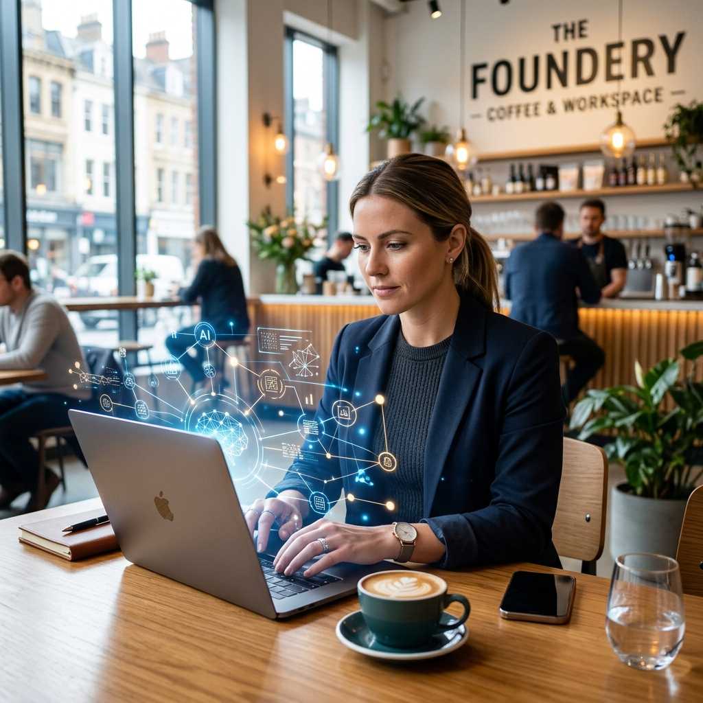 Freelancer using AI on laptop
