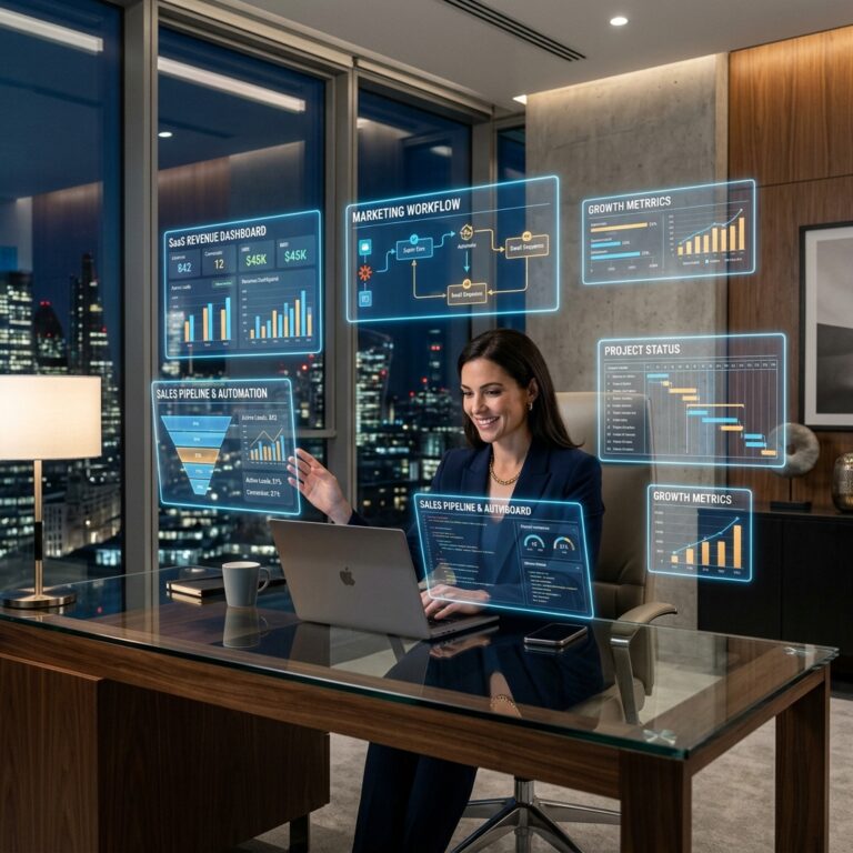 Solopreneur working with AI holograms
