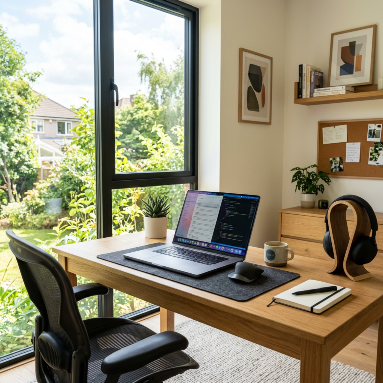 Home office desk with laptop, mouse, plant, coffee mug, notebook, pen, and headphones near a large window