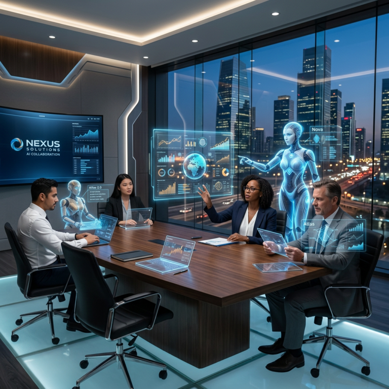 Business meeting with professionals and AI holograms displaying data in a modern office with city views.