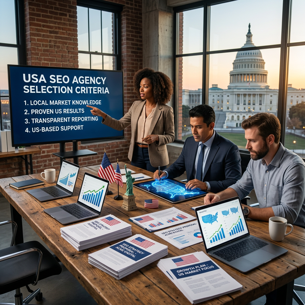Team presenting USA SEO agency selection criteria with charts and US flags