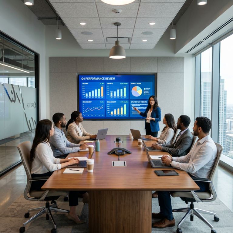 Business team in meeting room with Q4 performance charts on screen