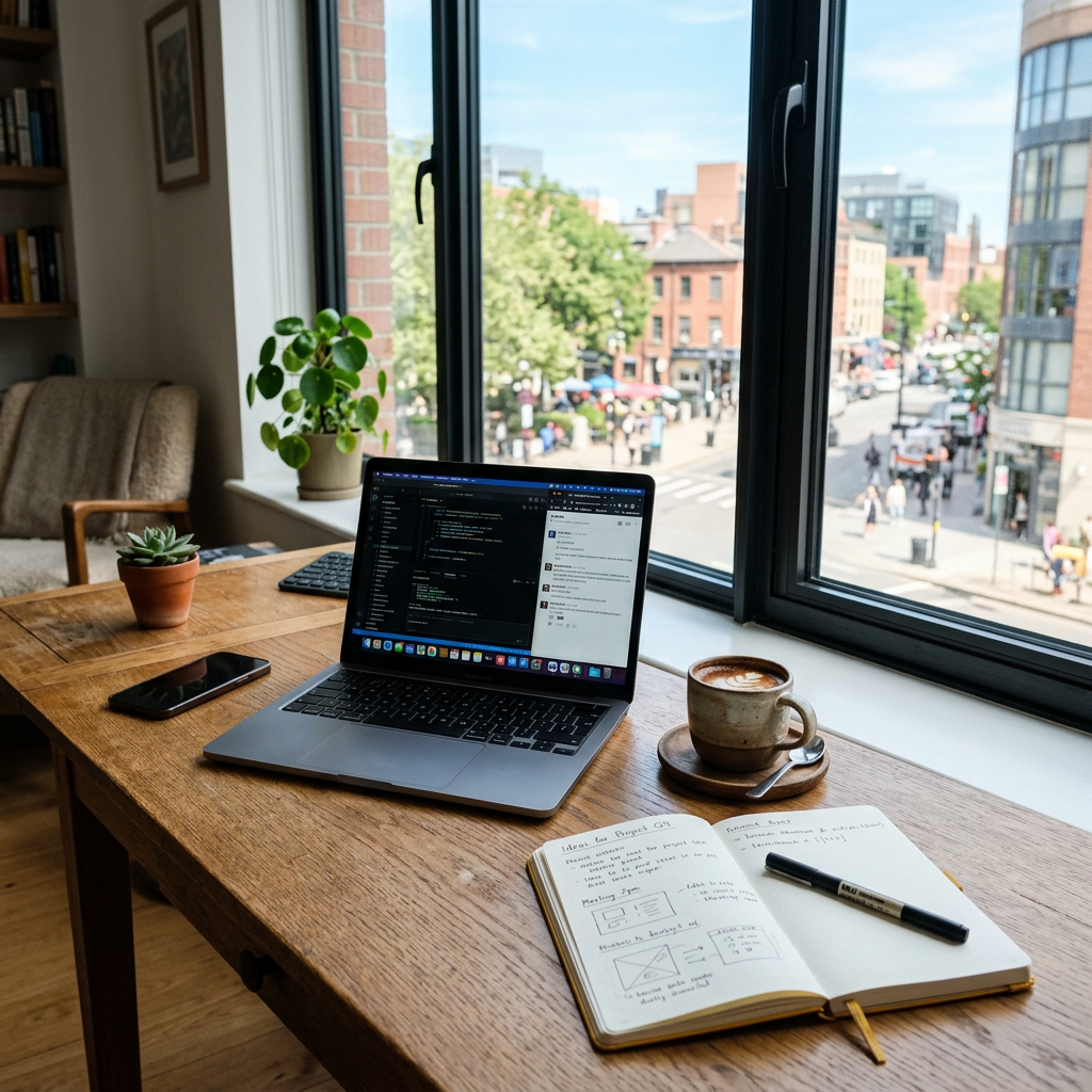 Home office setup with laptop coding screen, notebook, coffee cup, and city view