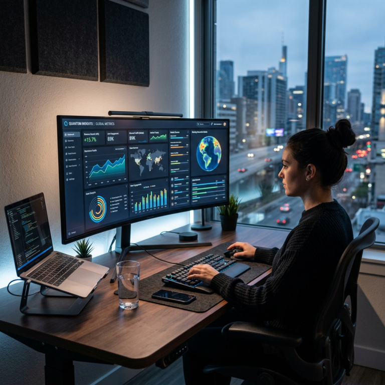Woman working at desk with curved monitor displaying global data metrics and laptop in front of cityscape window.