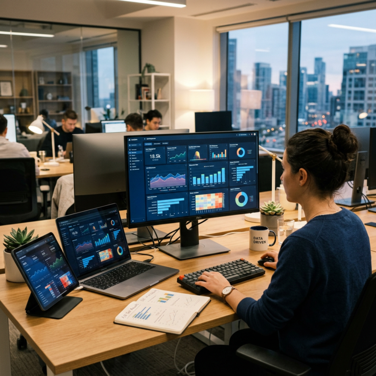Person analyzing data dashboards on computer monitor, laptop, and tablet in office