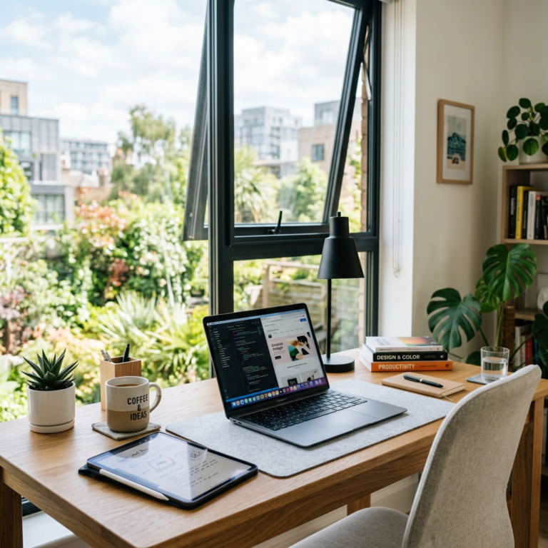 Home office desk with laptop, tablet, coffee mug, and plants by an open window