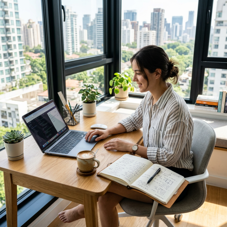 Woman typing on laptop at desk with notebook and coffee in bright home office with city view
