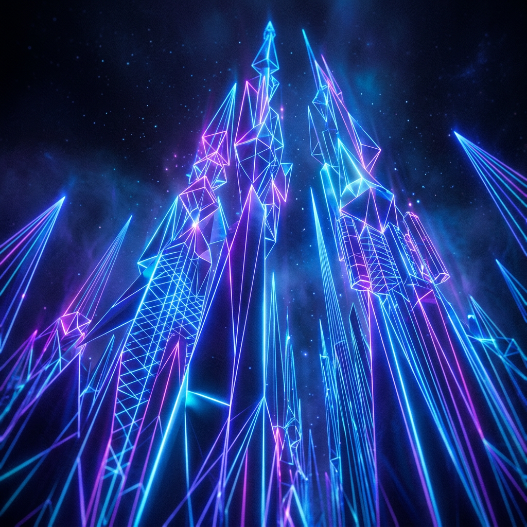 Neon blue and purple geometric skyscrapers with glowing outlines under a star-filled sky
