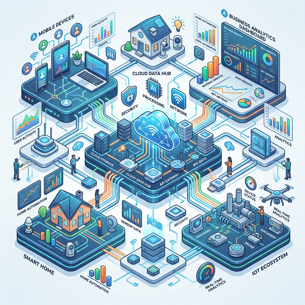Diagram showing interconnected IoT devices, cloud storage, data processing, and analytics dashboards